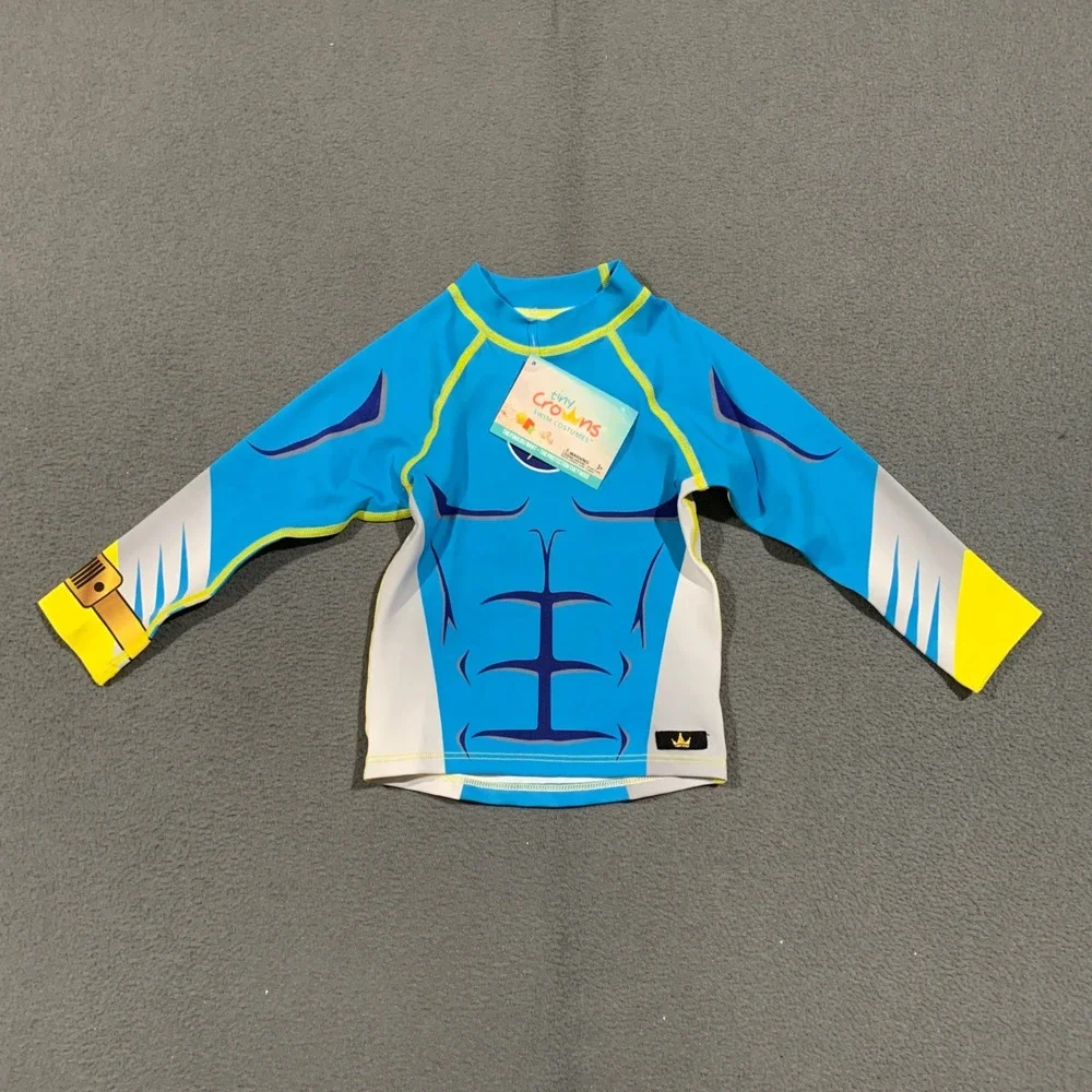 Tiny Crowns Superhero Rash Guard Swim Set Kids 2T Blue Muscle Print UPF 50+